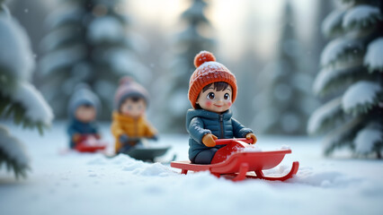 Plastic toy detailed figures of children dressed in winter attire, enjoying a sled ride through soft snow. The scene captures a playful winter activity.