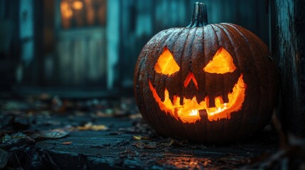 A glowing jack-o'-lantern on a porch, evoking Halloween spirit.