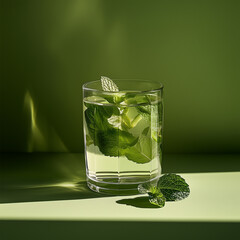  Fresh Mint Tea in Glass on Green Background