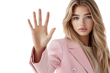 Blonde woman gesturing to stop, on a plain white background. PNG transparent.