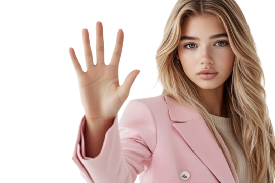 Blonde woman gesturing to stop, on a plain white background. PNG transparent.