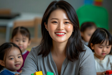 Smiling young Asian teacher engaging with small children using colorful blocks in a kindergarten, fostering learning through play.