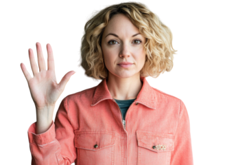 Blonde woman gesturing to stop, on a plain white background. PNG transparent.