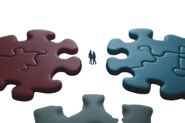 Obraz premium Red and blue puzzle pieces with silhouettes of people on a plain white background. PNG transparent.