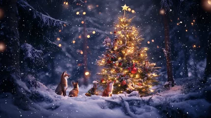 Wanddecoratie Bosdieren christmas tree with reindeer and animals  © Andreas