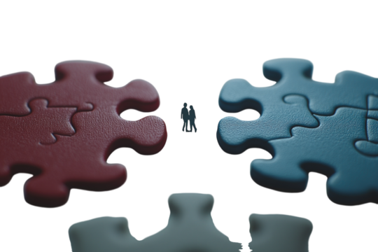 Red and blue puzzle pieces with silhouettes of people on a plain white background. PNG transparent. - Powered by Adobe