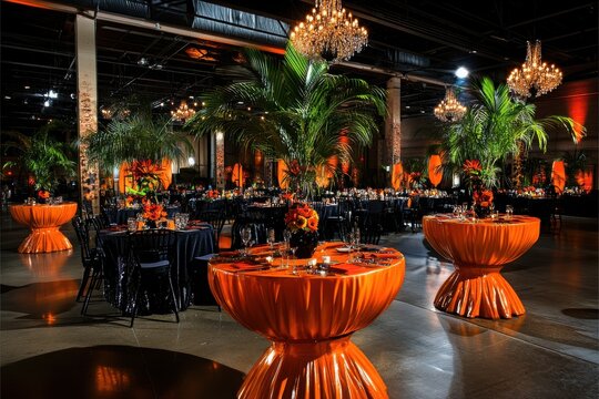 Elegant banquet hall setup featuring vibrant orange and black decor, lush tropical plants, and luxurious chandeliers creating an inviting atmosphere for events and celebrations