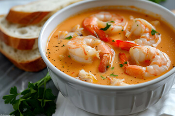 Creamy Shrimp and Crab Bisque Soup Close-Up, in a white bowl, light background