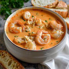 Creamy Shrimp and Crab Bisque Soup Close-Up, in a white bowl, light background