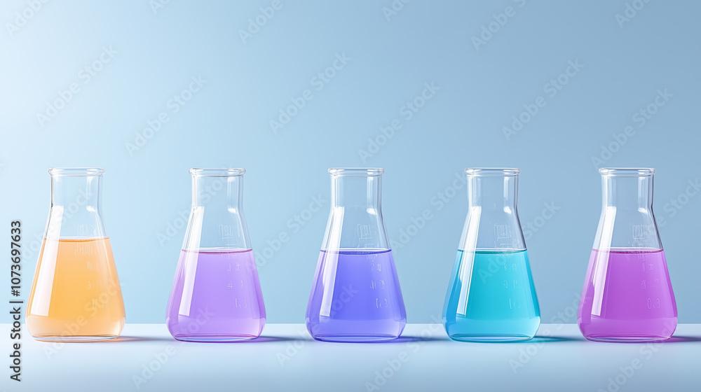 Poster colorful laboratory flask experiment with different liquid solutions on a light blue background
