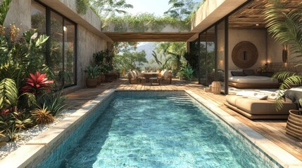 Modern villa with a pool surrounded by lush greenery.