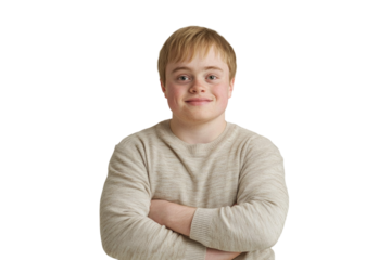 Young blonde man with Down syndrome standing confidently on a plain white background. PNG transparent.