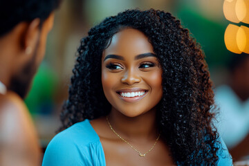 Young black woman with curly hair in blue blouse enjoying coffee with friend in a trendy, modern cafe.