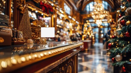 A blank credit card displayed in a chic department store setting, surrounded by luxury goods and elegant holiday decorations.