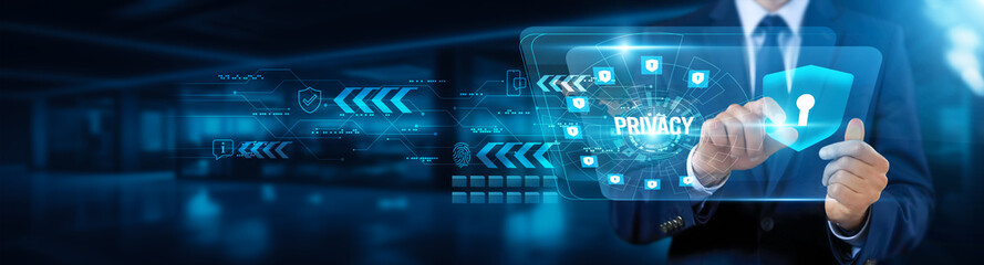 Businessman touching interface and privacy, security management system, risk assessment evaluation,...