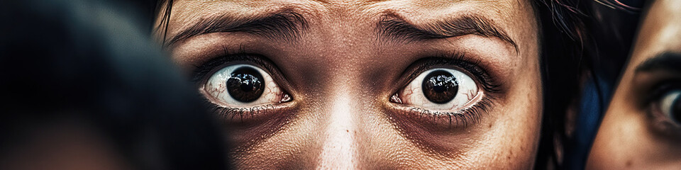 Eyes of the Witness: A close-up portrait of a nervous woman in a crowded room, her eyes darting between onlookers.