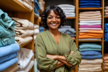 Obraz premium Friendly senior African saleswoman in olive blouse arranging neatly stacked towels in the home department, creating an inviting display for shoppers.
