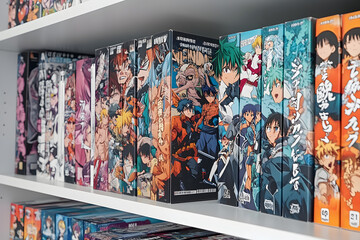 A shelf full of colorful anime manga books.