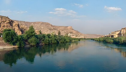 Serene Tigris River Shores with Lush Reflections