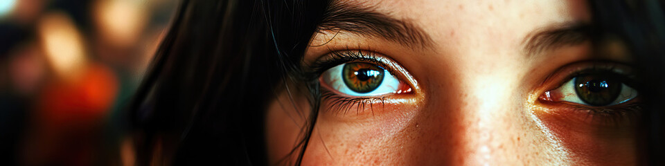 Obraz premium Eyes of the Witness: A close-up portrait of a nervous woman in a crowded room, her eyes darting between onlookers.