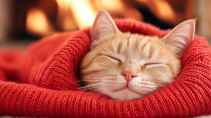 Cozy orange cat napping peacefully in warm red sweater by a glowing fireplace at home