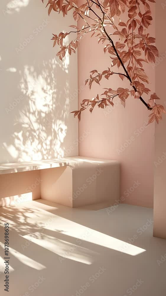 Poster sunlight streams through a window, casting delicate shadows on the pink walls and a bench