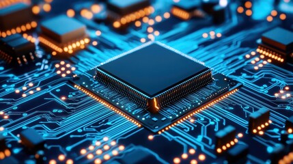Obraz premium Digital semiconductor components in tech devices, glowing connections and pathways, 3D illustration