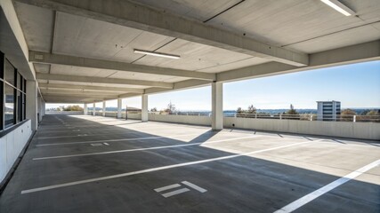 A parking lot with a lot of empty spaces, there are no cars parked in the lot