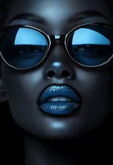 Bold Contrast: Striking Black Lipstick and Blue Sunglasses in Artistic Black and White Portrait,大胆なコントラスト:芸術的な白黒写真の中で際立つブラックリップとブルーサングラス.Generative AI © lime