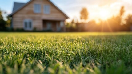 The warm sunlight casts a golden glow over a lush green lawn in front of a wooden house, creating a serene atmosphere in the neighborhood during late afternoon