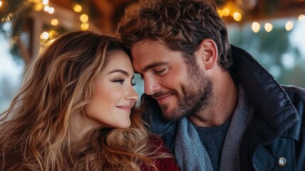 Fototapeta premium A couple shares an intimate moment while gazing at each other, surrounded by warm lights and festive dГ©cor, capturing the essence of winter romance and connection