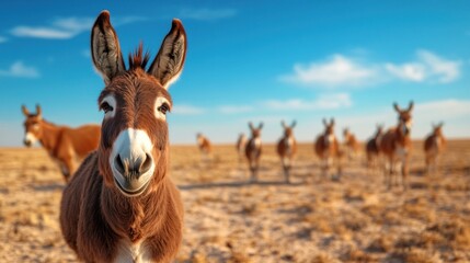 Several donkeys gather in a barren desert landscape, showcasing their playful curiosity against a backdrop of clear blue skies and scattered clouds