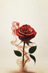 Creative flower design made with single red rose and mystical smoke around it. Minimal valentine's day gift card.