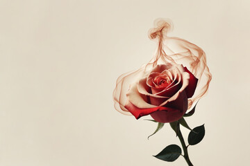 Minimal flower design of a red rose and mystical smoke around it. Romantic red rose against light background with copy space.
