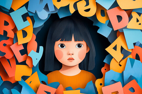Autism concept with girl surrounded by colorful letters and numbers. Paper cut mental health composition with child in the center on rainbow backdrop. Psychological abstract horizontal poster