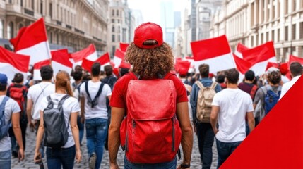 A large group of people carries Indonesian flags while marching down a city street, celebrating their national pride under the afternoon sun. The atmosphere is vibrant and energetic