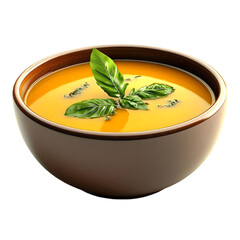 A bowl of vibrant soup garnished with fresh basil leaves, ready for serving.