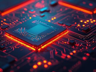 Fototapeta premium Semiconductor engineering, detailed microchip design with LEDlit paths, 3D illustration