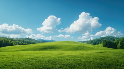 Fototapeta premium sprawling green meadow stretches across the landscape, dotted with gentle hills. Fluffy white clouds drift in a clear blue sky, creating a peaceful spring day atmosphere in nature