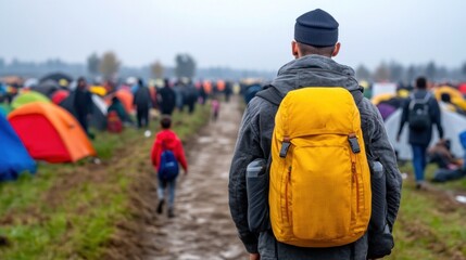 person carrying a bright yellow backpack navigates a muddy pathway lined with tents, surrounded by other refugees and children in a temporary camp during dreary weather