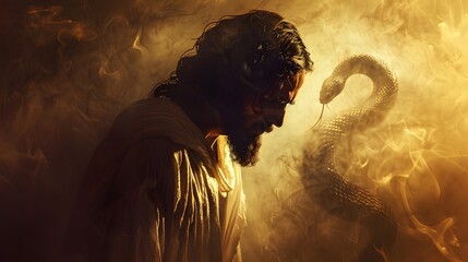 Jesus standing tall and unwavering, his face showing signs of exhaustion, while Satan’s shadow twists into a snake encircling his feet, representing the subtle danger of temptation --ar 16:9 --v 6.0 