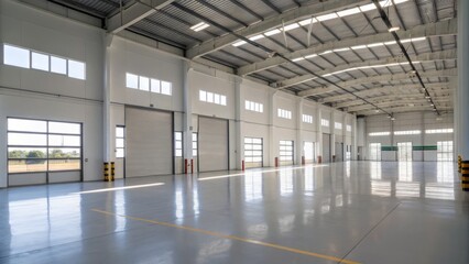 A large, empty warehouse with a lot of windows and a lot of light
