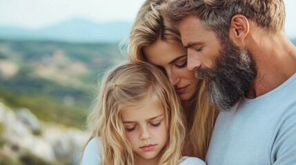 Fototapeta premium man, woman, and young girl closely embrace, showing love and affection. backdrop features beautiful hills and soft sunlight, creating a warm and peaceful atmosphere
