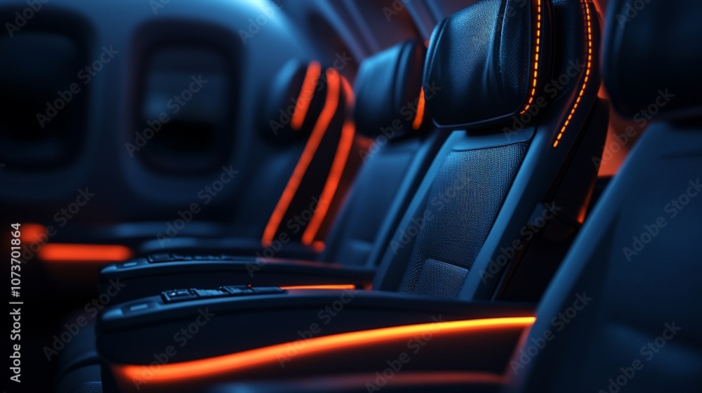 Poster Close-up of empty airplane seats with illuminated orange accents.