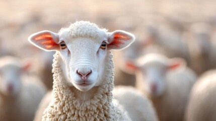 Obraz premium A sheep gazes directly at the viewer while standing among a flock on a farm at sunset. The warm light highlights its wool and the tranquility of the rural landscape