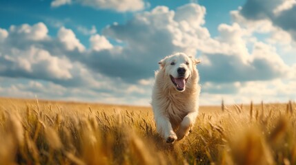 playful dog dashes through a golden wheat field, enjoying the warm sunlight. fluffy clouds drift across the blue sky, adding to the serene atmosphere of the sunny afternoon