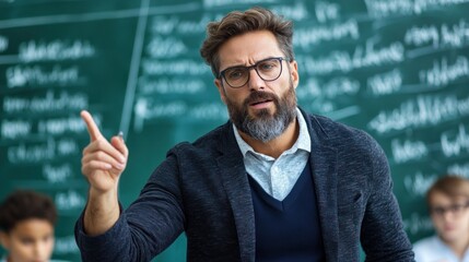 A teacher passionately explains mathematical concepts to engaged students in a classroom filled with green chalkboards covered in equations, creating an interactive learning environment