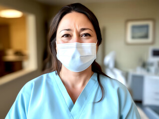 Smiling nurse in blue scrubs wearing face mask at healthcare facility showcasing dedication and safety in a modern medical environment