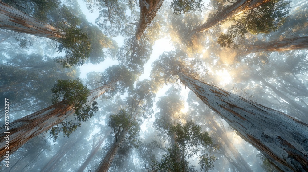 Poster a serene view of towering trees reaching towards the sky, with soft light filtering through a misty 