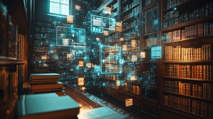 A traditional library interior with digital data floating above bookshelves, symbolizing the evolution of knowledge.
